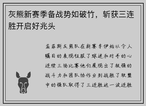 灰熊新赛季备战势如破竹，斩获三连胜开启好兆头