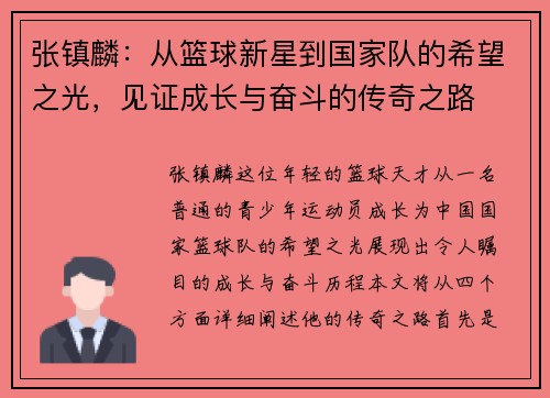 张镇麟：从篮球新星到国家队的希望之光，见证成长与奋斗的传奇之路