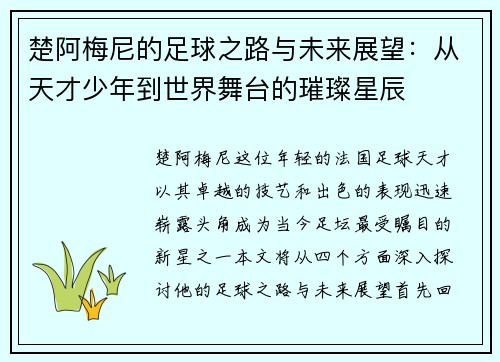 楚阿梅尼的足球之路与未来展望：从天才少年到世界舞台的璀璨星辰