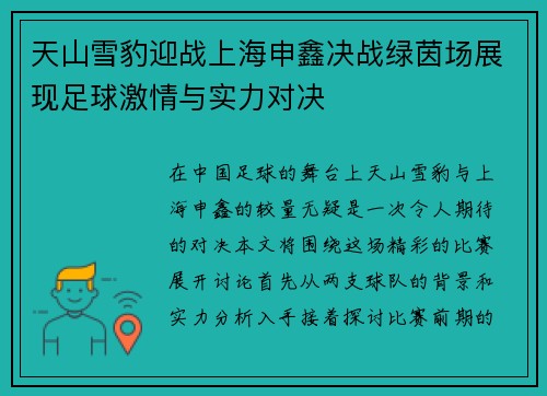 天山雪豹迎战上海申鑫决战绿茵场展现足球激情与实力对决