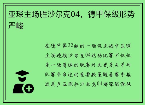 亚琛主场胜沙尔克04，德甲保级形势严峻