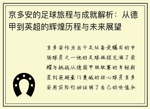 京多安的足球旅程与成就解析：从德甲到英超的辉煌历程与未来展望