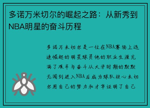 多诺万米切尔的崛起之路：从新秀到NBA明星的奋斗历程