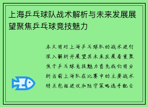 上海乒乓球队战术解析与未来发展展望聚焦乒乓球竞技魅力
