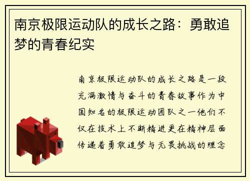 南京极限运动队的成长之路：勇敢追梦的青春纪实